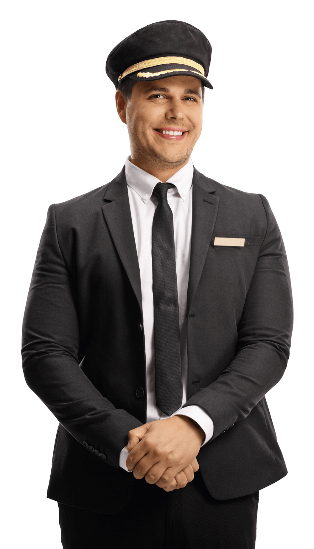 Smiling man in pilot uniform on black.